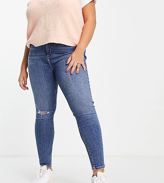 River Island Plus – Jeans mit engem Schnitt und Knierissen in Dunkelblau günstig online kaufen
