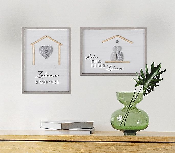 MF Wanddekoobjekt Steinbild Set Zuhause Wandbild mit Spruch und 3D Herzmoti günstig online kaufen