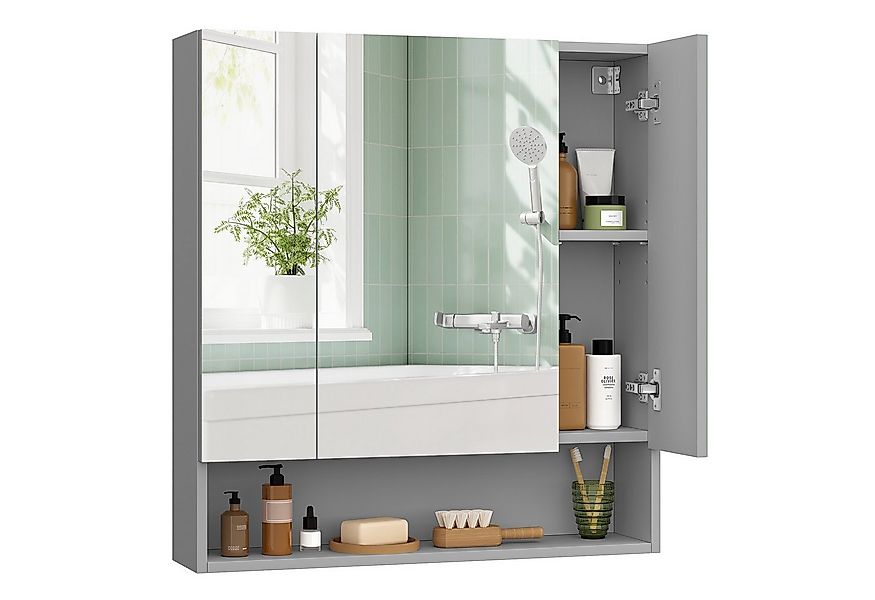 VASAGLE Spiegelschrank Badschrank Breite 70-90cm, mit 3 Türen, offenes Fach günstig online kaufen
