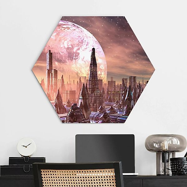 Hexagon-Alu-Dibond Bild Sci-Fi Stadt mit Planeten günstig online kaufen