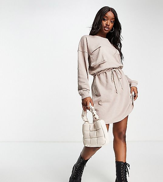 Missguided – Mini-Pulloverkleid in Stein mit Taschendetail und Taillenschnü günstig online kaufen