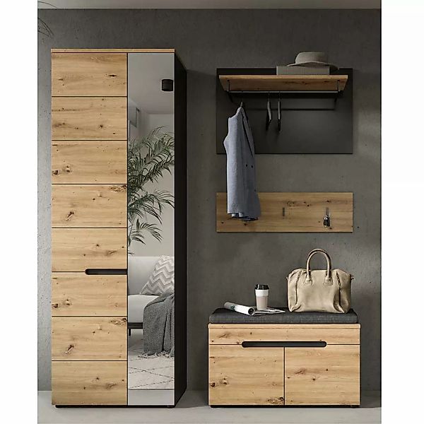 Garderobe Flur Flur Set in Wildeichefarben und Grau (vierteilig) günstig online kaufen