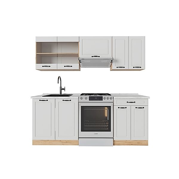 Vicco R-Line Küchenzeile Weiß Landhaus/Goldkraft Eiche 200 cm AP Marmor günstig online kaufen