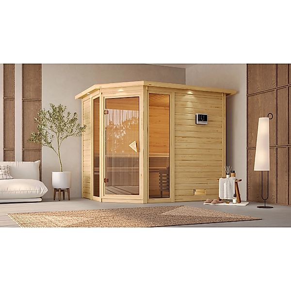 Karibu Sauna Sanna 3 Edelstahlmit Bio-Ofen externe Stg.Dach Natur günstig online kaufen