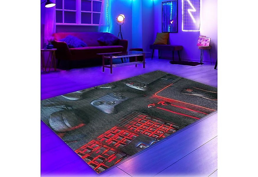Carpetia Teppich Gaming-Teppich mit Konsole und Joysticks in Schwarz und Ro günstig online kaufen