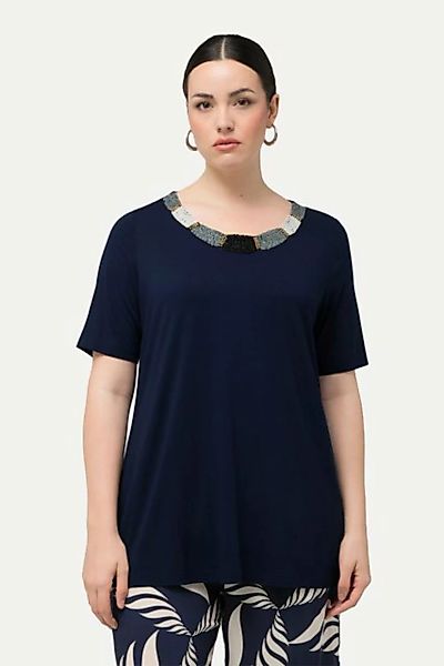 Ulla Popken Rundhalsshirt T-Shirt Perlenstickerei A-Linie Rundhals Halbarm günstig online kaufen