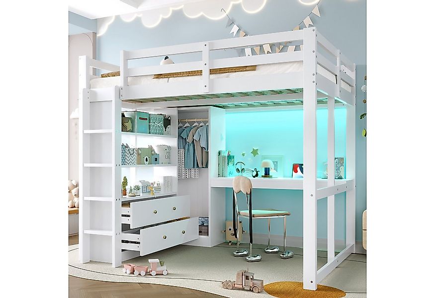 STILVORA Hochbett 140x200 mit Schreibtisch,Jugendbett Stauraumbett mit LED- günstig online kaufen