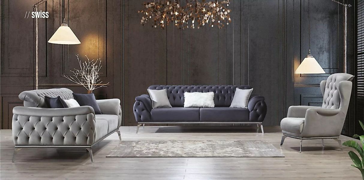 JVmoebel Chesterfield-Sofa Sofagarnitur 3+3+1 Sitzer Blau Sessel Luxus Ches günstig online kaufen