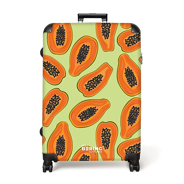 NoBoringSuitcases.com© Hartschalen-Trolley Grün mit orangefarbener Papaya günstig online kaufen