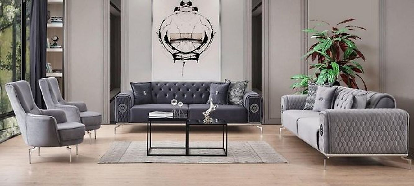 Xlmoebel Sofa Sofa-Set Chesterfield mit 3-Sitzer und 2 Sesseln in Grau aus, günstig online kaufen