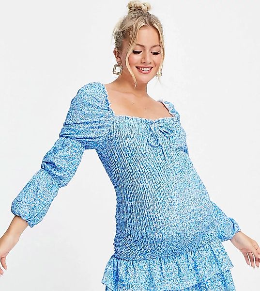 ASOS DESIGN Maternity – Langärmliges, gesmoktes Minikleid mit blauem Blümch günstig online kaufen