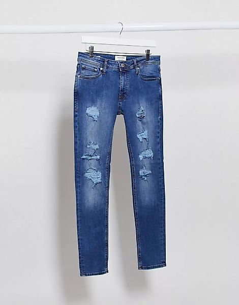 Jack & Jones Intelligence – Liam – Enge Jeans mit Zierrissen-Blau günstig online kaufen