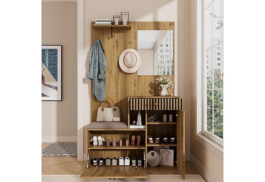 KLAM HOME Garderoben-Set Garderobenset mit Spiegel und Polsterkissen 110x18 günstig online kaufen