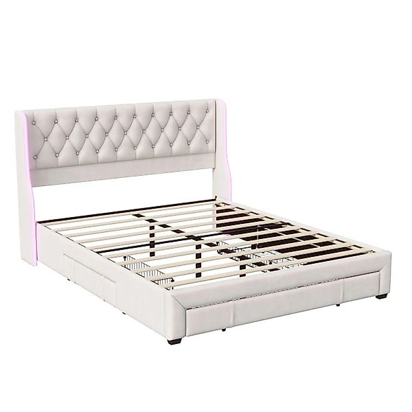 PXloue Polsterbett 160x200 mit 3 Schubladen-Gepolstertes Kopfteil mit LED-B günstig online kaufen