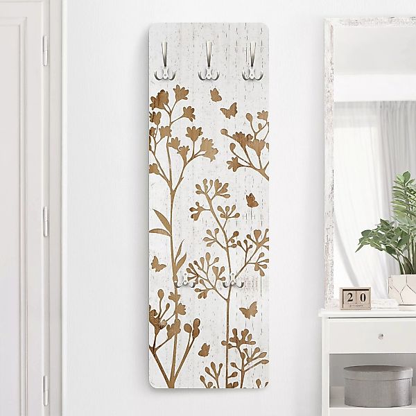 Wandgarderobe Wildblumen mit Schmetterlingen auf Holz günstig online kaufen