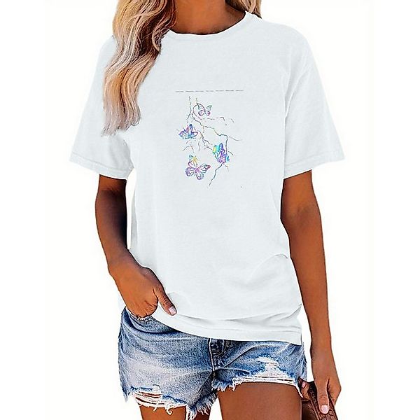 PYL Kurzarmbluse Damen Sommer Kurzarmbluse Locker Schmetterling Print-Shirt günstig online kaufen