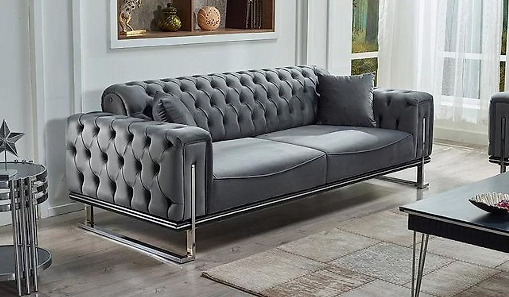 JVmoebel Sofa Grau Sofa 3 Sitzer Wohnzimmer Chesterfield Luxus Polstermöbel günstig online kaufen