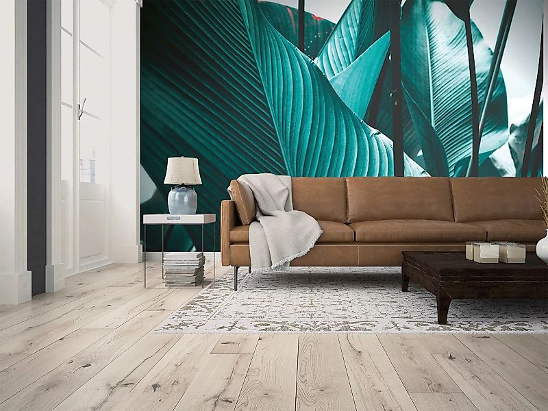 Fototapete Blätter Palmen Grün Weiß 3,50 m x 2,55 m FSC® günstig online kaufen