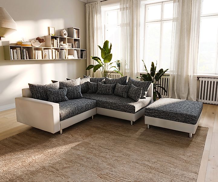 Ecksofa Clovis Weiss Schwarz Hocker Armlehne Ottomane Rechts modular günstig online kaufen