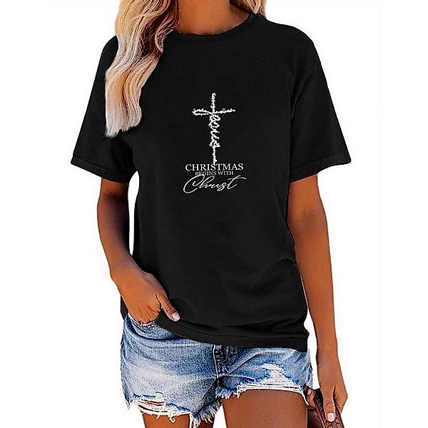 PYL T-Shirt Damen Casual Kurzarmshirt mit Kruzifix Druck günstig online kaufen