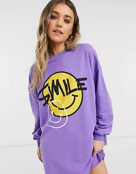 ASOS DESIGN – Mini-Sweatshirt-Kleid in leuchtendem Lila mit Smiley-Grafik günstig online kaufen