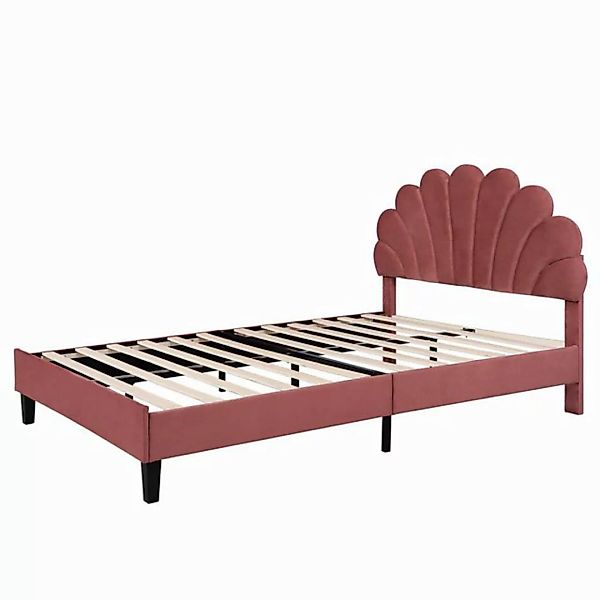 Ulife Polsterbett Rot Doppelbett blumenförmigem Kopfteil Samt 140x200cm, Ju günstig online kaufen