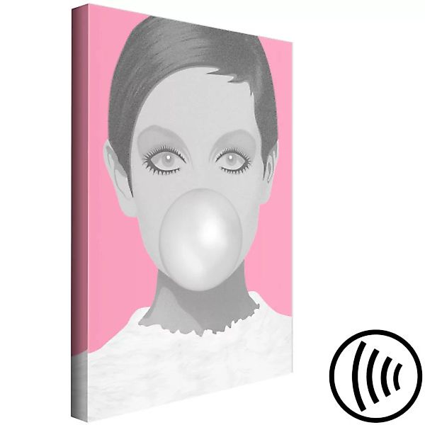 Wandbild Kaugummi - Porträt einer Frau in rosa und grauen Farbtönen XXL günstig online kaufen