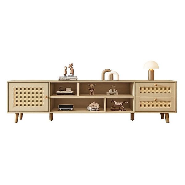 BlingBin TV-Schrank Lowboard TV-Board Rattan-Türdesign Natural Oak (Mit dre günstig online kaufen