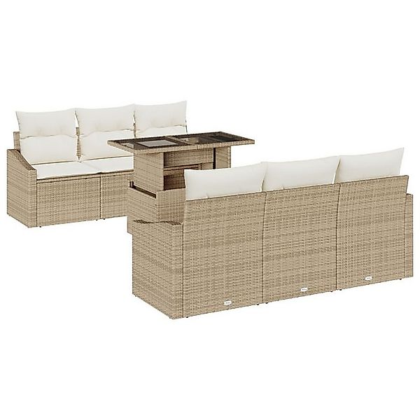 vidaXL Loungesofa 7-teiliges Garten Sofa Set mit Kissen Beige Poly Rattan, günstig online kaufen