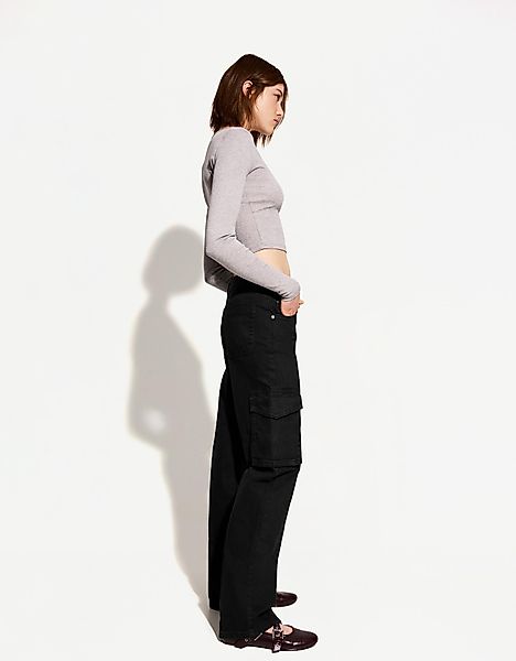 Bershka Cargo-Jeans Im Straight-Fit Damen 32 Schwarz günstig online kaufen