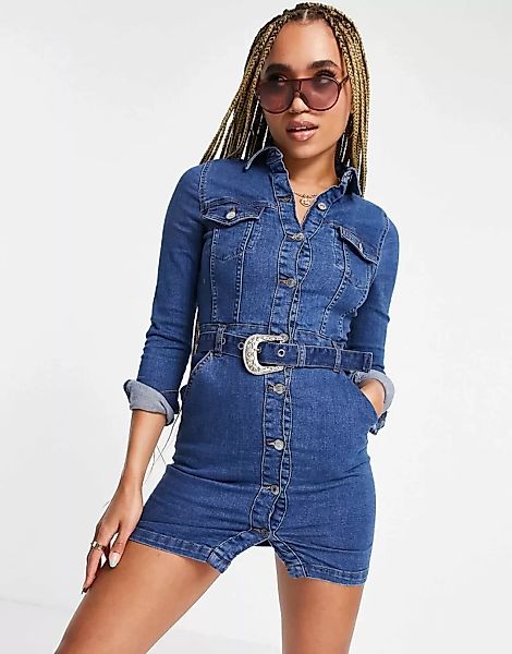 Parisian – Jeans-Minikleid mit Westerngürtel in Mittelblau günstig online kaufen