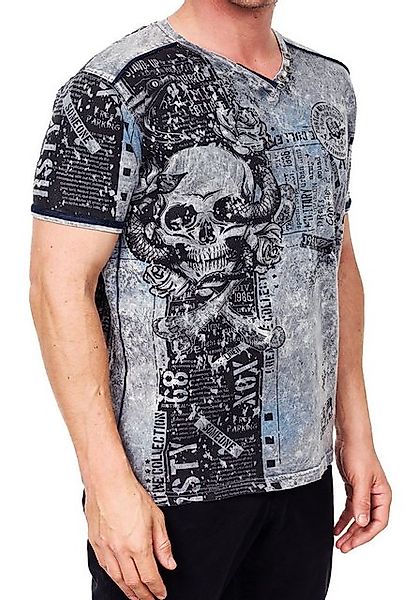 R-NEAL T-Shirt Designer Herren T-Shirt Verwaschen All Over Skull Print Rock günstig online kaufen