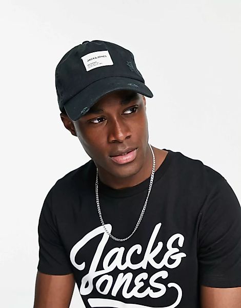 Jack & Jones – Verwaschene Kappe mit Logo-Aufnäher in Schwarz günstig online kaufen