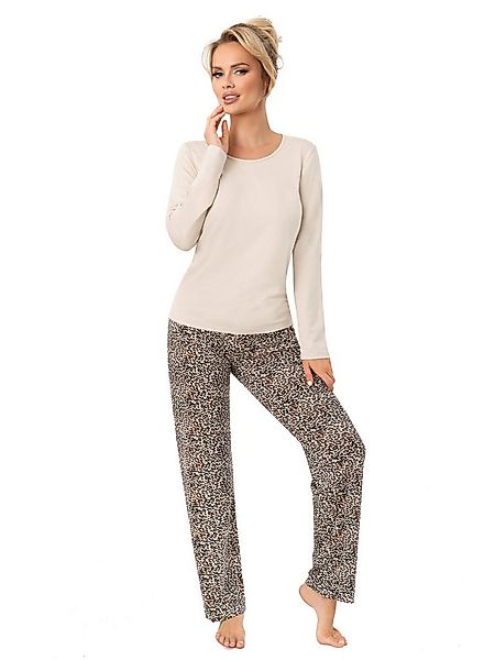 Donna Pyjama Schlafanzug lang mit beigem Shirt & Leo-Print Hose besonders w günstig online kaufen