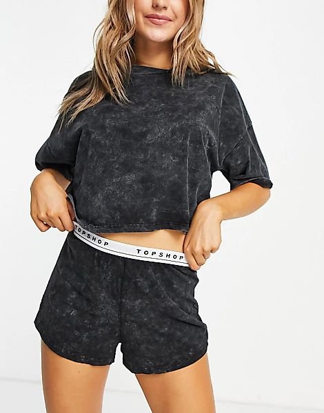 Topshop – Pyjama in Schwarz mit Markenlogo und Acid-Waschung günstig online kaufen