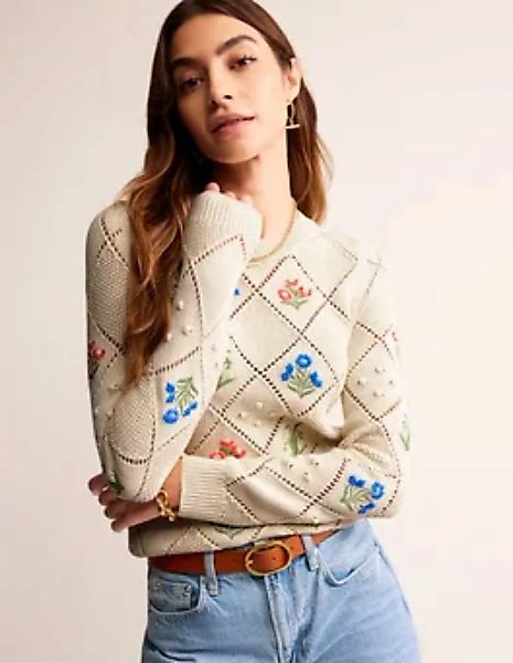 Bestickter Pullover aus Baumwolle Damen Boden, Warmes Naturweiß günstig online kaufen