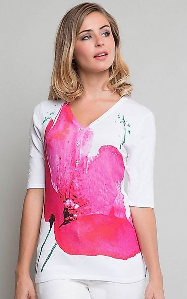 Passioni V-Ausschnitt-Pullover mit Hibiskus-Blume mit Glitzerknöpfen günstig online kaufen