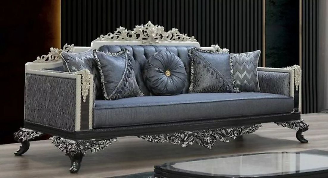 Casa Padrino Sofa Luxus Barock Sofa Blau / Grau / Weiß / Schwarz / Silber - günstig online kaufen