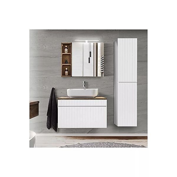Badezimmermöbel Set in weiß matt mit Vintage Eiche Nb. IRAKLIO-56 inkl. LED günstig online kaufen