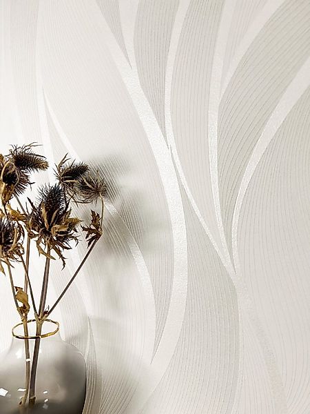 Newroom Vliestapete, Weiß Tapete Streifen Wellen - Wellenmuster Metallic Cr günstig online kaufen