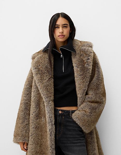 Bershka Langer Kunstfellmantel Damen M Beige günstig online kaufen