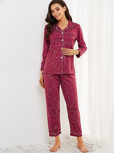 Burgund Geometrische Muster Button Down Pocket Front Langarm Pyjama Set günstig online kaufen