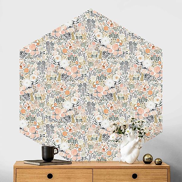 Hexagon Tapete selbstklebend Blumenmeer in Apricot günstig online kaufen