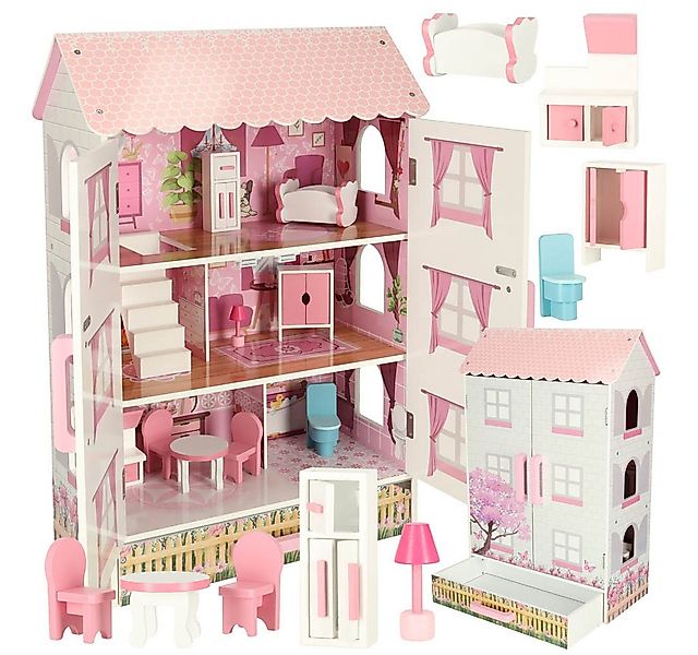 Ikonka Puppenhaus, (Holzpuppenhaus dreistöckig mit Möbeln, Holzpuppenhaus 8 günstig online kaufen