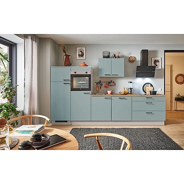 pino Küchenzeile 320 cm Fjordgrün Anschlag,inks 2 Geräteschränke günstig online kaufen