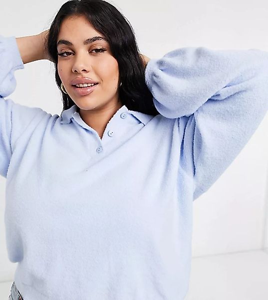 ASOS DESIGN Curve – Polo-Pullover aus flauschigem Garn in Blau-Rosa günstig online kaufen