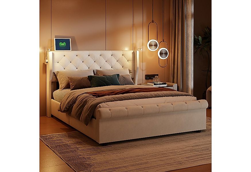 FUROKOY Polsterbett Doppelbett Stauraumbett Hydraulisch anhebbarer mit LED günstig online kaufen