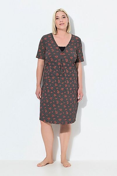 Ulla Popken Nachthemd Nachthemd Ringel/ Blüten V-Ausschnitt Halbarm günstig online kaufen