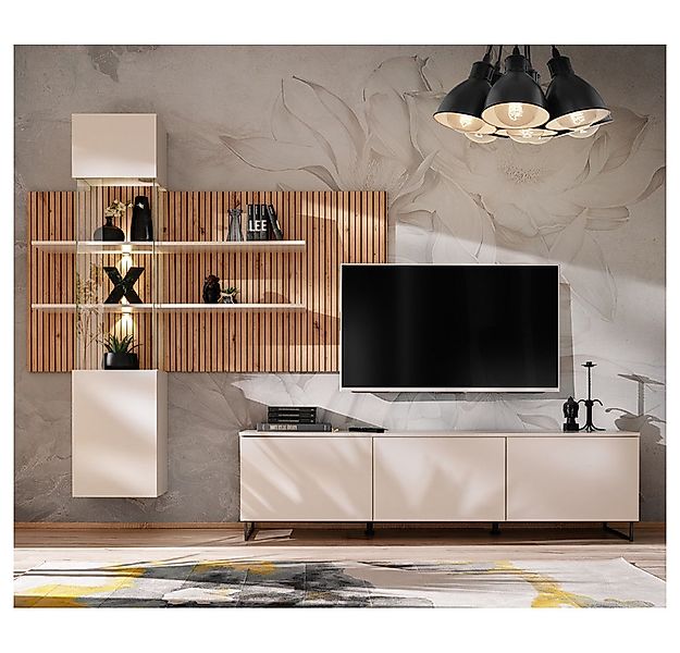 Lomadox Wohnwand GALATINA-164, (2-St., Wandpaneel mit Vitrine, Lowboard), A günstig online kaufen