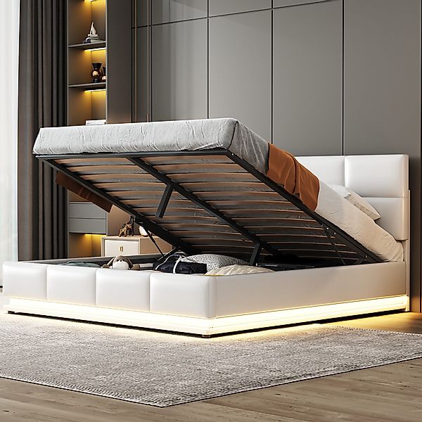Flieks Polsterbett, LED hydraulisches Doppelbett Kunstleder günstig online kaufen